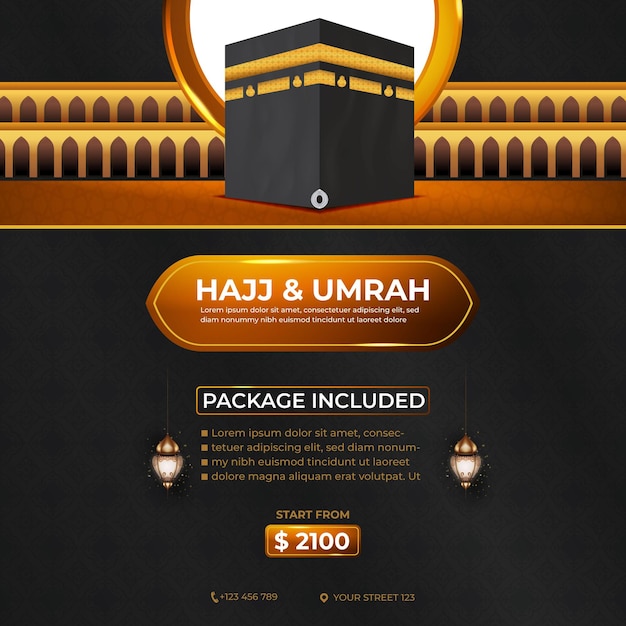 Vettore tour hajj e umrah social media modello disegno vettoriale con kaaba realistico per sfondo islamico