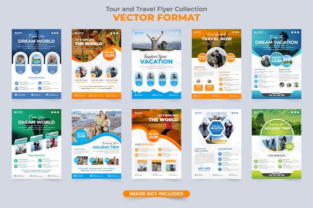 Vector tour and travel flyer template collection with orange green and blue colors modern touring business promotional leaflet and poster set vector travel agency advertisement flyer bundle vector