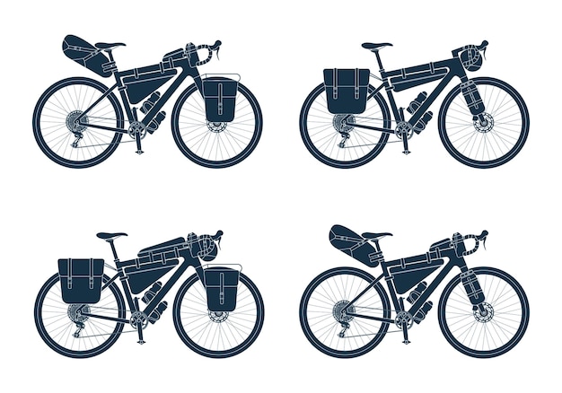 Vector touring bikes with bikepacking bags in black silhouette