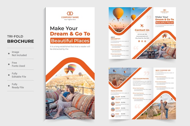 Touring group business promotion tri fold brochure vector for marketing Travel agency advertisement template design with photo placeholders Tour and travel brochure with orange and dark colors