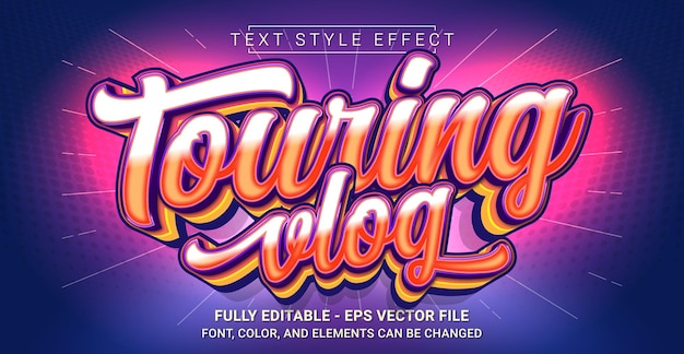 Vettore touring vlog text style effect modello di testo grafico modificabile