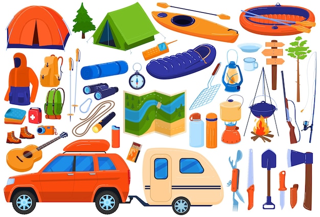 Tourism camp equipment illustration set