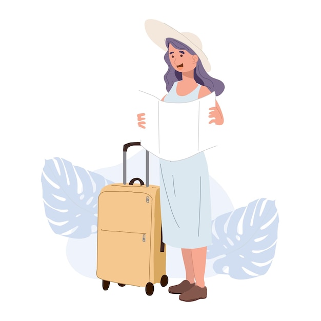 Vettore turismo conceptadventure turismofemmina viaggiatore con i bagagli sta usando un'illustrazione vettoriale del personaggio dei cartoni animati mapflat