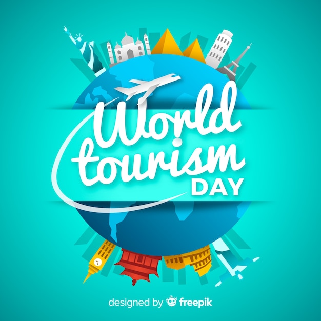 Vector tourism day background with monuments around earth