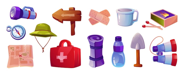 Vector tourism equipment mega set in cartoon graphic design bundle elements of flashlight compass hat hiking map first aid kit signboard mat bottle cup shovel vector illustration isolated objects