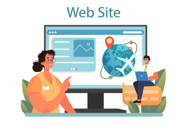 観光の専門家のオンラインサービスまたはプラットフォームツアークルーズの航空路または鉄道のチケットを販売する旅行代理店休暇組織の代理店ウェブサイトフラットベクトルイラスト