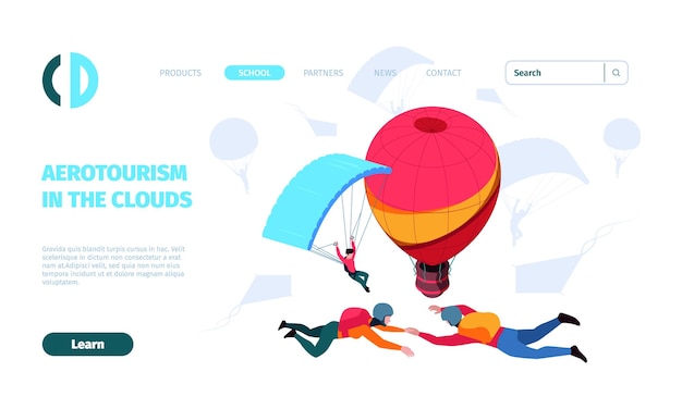 Tourism landing Air adventure trip flying balloons gliding plane and parachuting sport garish vector web page template with place for text Illustration of air adventure tourism travel and vacation