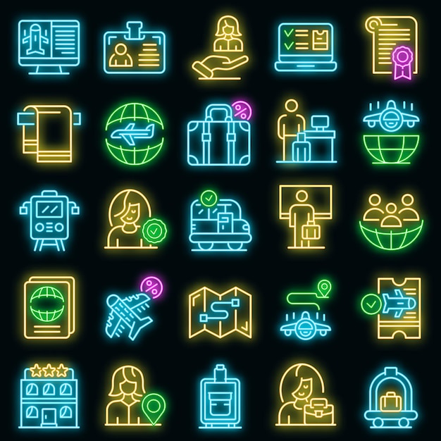 Tourism manager icons set. outline set of tourism manager vector icons neon color on black