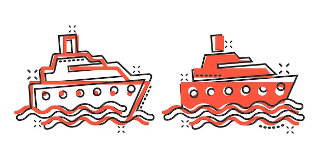 Tourism ship icon in comic style Fishing boat cartoon vector illustration on white isolated background Tanker destination splash effect business concept