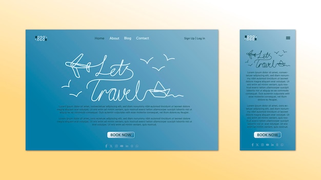 Vector tourism travel agency and booking landing page vector mobile and desktop creative blue line art