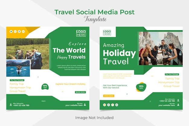 Туризм и путешествия, отпуск, отпуск, квадратный флаер, а также пост-баннер в социальных сетях facebook и instagram
