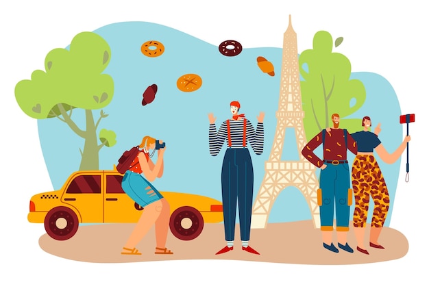 Вектор Туристическое путешествие в париж француз мим с полотенцем eifel, а туристы фотографируют символы культуры франции и архитектуру пейзажной карикатурной векторной иллюстрации