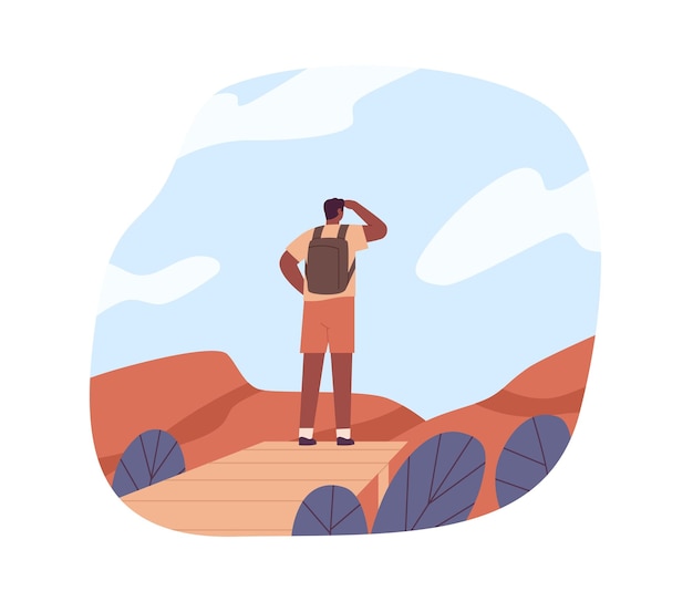 Vector tourist in adventure, looking forward, exploring nature. hiker travel, standing on top of mountains in sky. concept of discovering new horizons. flat vector illustration isolated on white background.