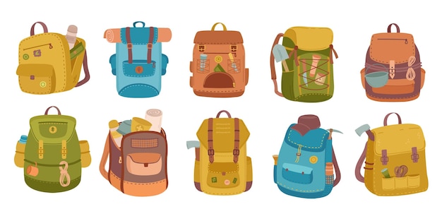 Tourist backpack Camping bags hiker knapsack with mountain journey equipment vector icons set