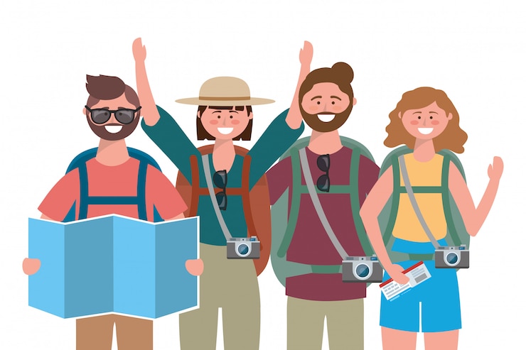 Vector tourist boys and girls with bag design