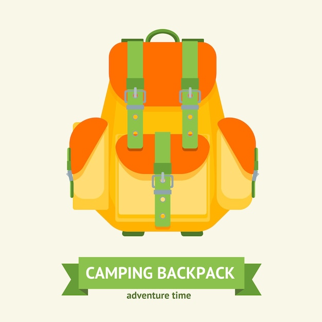 Tourist camping backpack card with tape for text. hiking bag