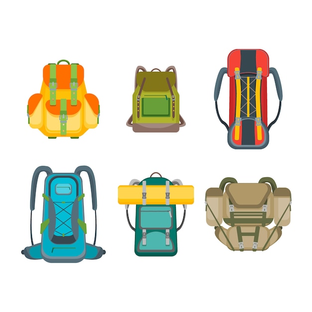 Tourist camping backpack set. hiking bag collection. flat design