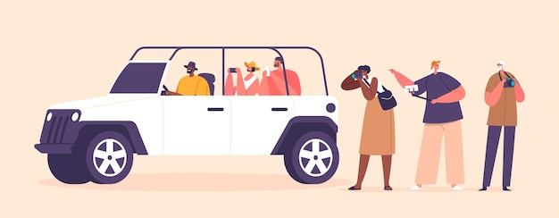 Tourist Characters Equipped With Cameras Embarks On Thrilling Safari Adventure In A Rugged Jeep Capturing Aweinspiring Wildlife And Landscapes Isolated Cartoon Traveler People Vector Illustration