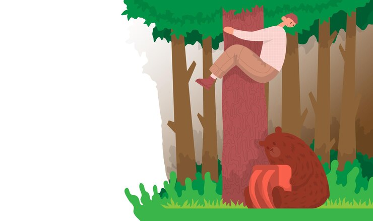 Vector tourist climbed a tree from bear a animal sits with a backpack lifestyle concept outdoor activity
