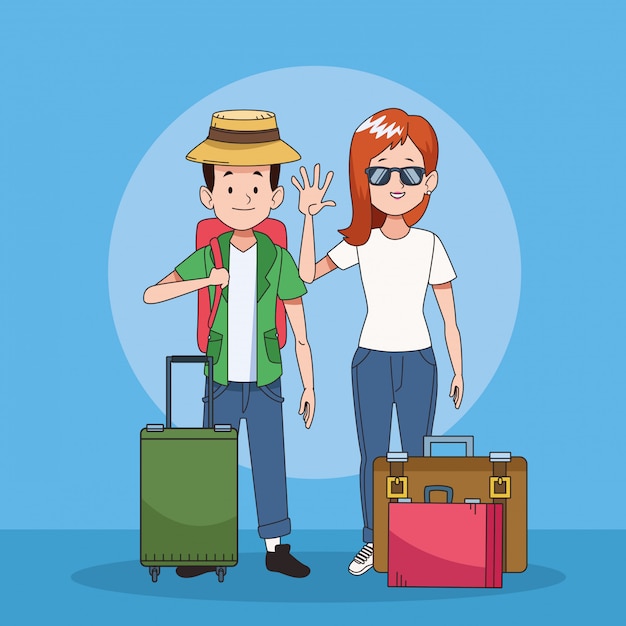 Tourist couple with suitcases characters