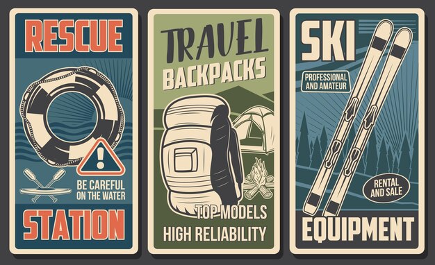 Vector tourist equipment camp and skiing gear banners