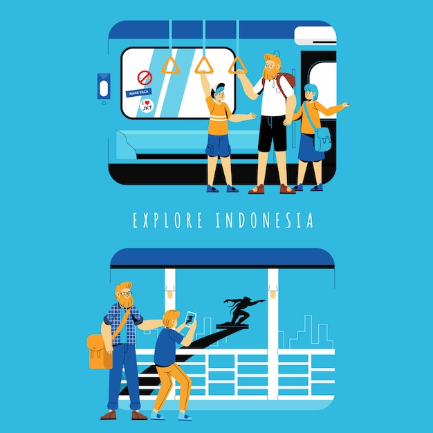 Vettore illustrazione d'esplorazione turistica di concetto dell'indonesia