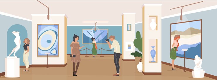 Vector tourist at gallery exposition flat color . contemporary masterpiece showcase. people in museum. art gallery visitors 2d cartoon characters with artwork installation on background