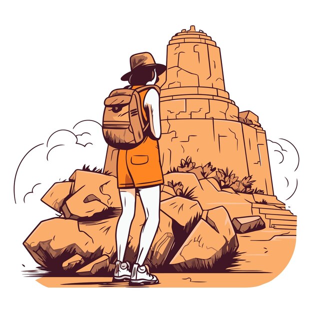 Vector tourist girl with a backpack on the background of the ruins of the ancient city