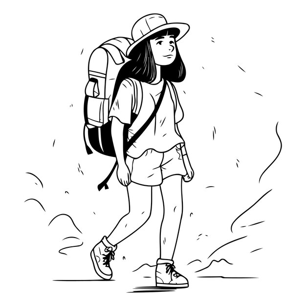 Vector tourist girl with a backpack in cartoon style