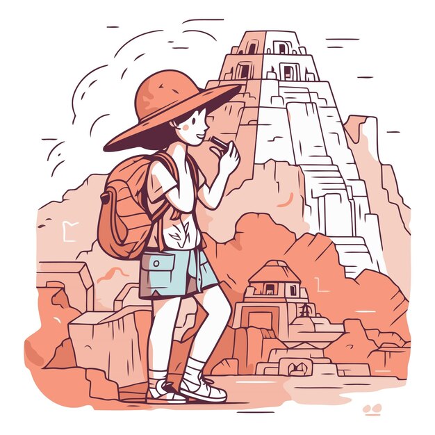 Tourist girl with backpack and hat looking at ancient ruins