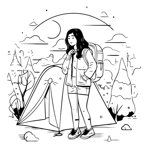 Tourist girl with a backpack and tent in the mountains