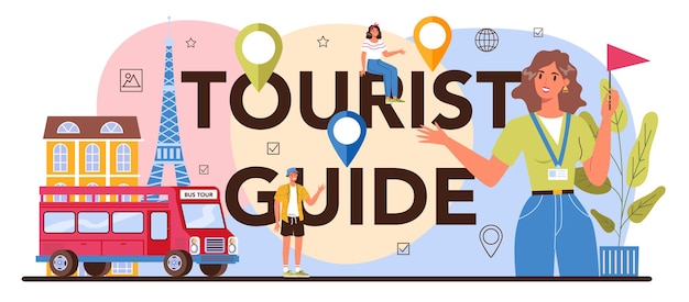 Intestazione tipografica della guida turistica turisti che ascoltano la storia