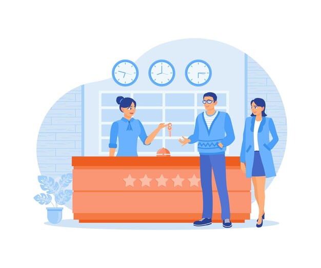 Vector the tourist is talking to the receptionist the receptionist gives the hotel guests the keys hotel receptionist concept flat vector illustration