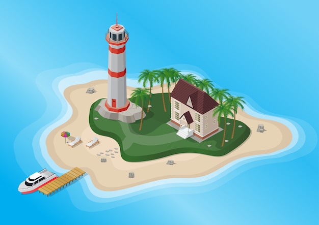 Vector tourist island with palm trees, lighthouse, and house with yacht on the sea.