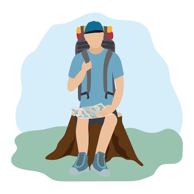 Tourist man resting on a stump with a map and a large backpack Active lifestyle vector cartoon