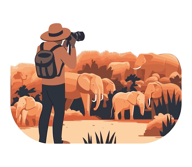 Tourist man taking photo to elephants