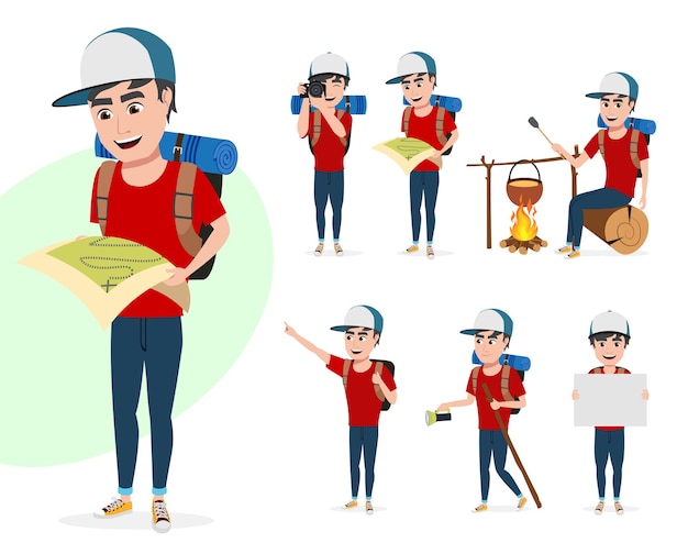 Tourist man vector character set male hiker characters in different activity poses summer