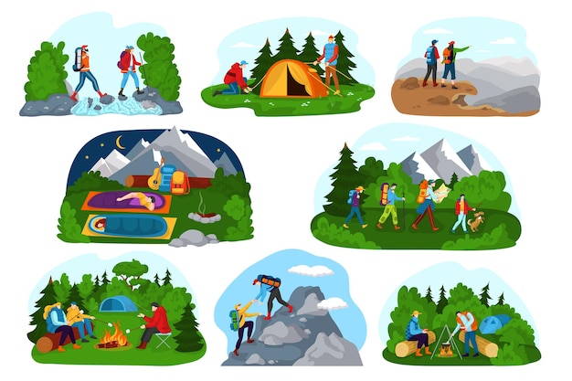 Tourist people camping outdoor adventure vector illustration set cartoon active flat camper