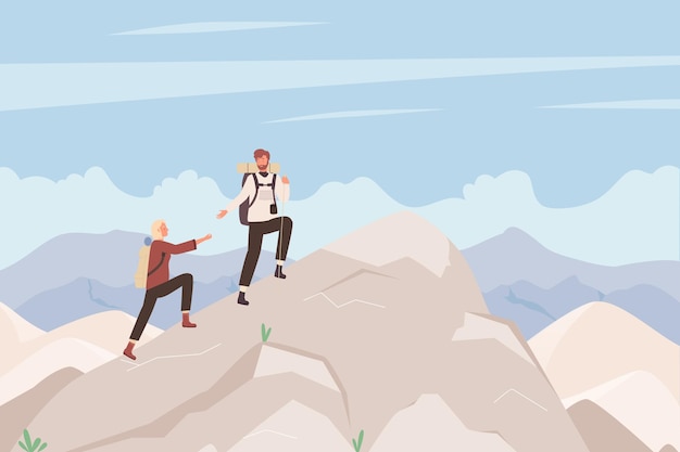 Tourist people climb mountain illustration