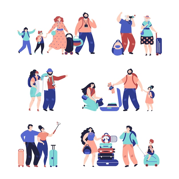 Tourist people. travel couple, isolated travellers with luggage. vacation person selfie, happy family with decent suitcase vector characters