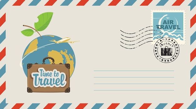 Вектор Туристический почтовый конверт с чемоданом