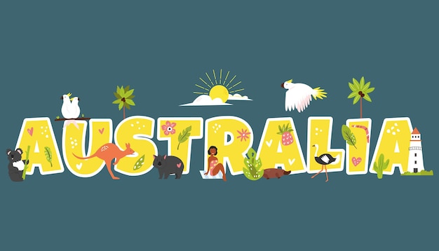 오스트레일리아의 유명한 상징과 동물이 그려진 관광 포스터 오스트레일리아를 탐험하라 컨셉 이미지