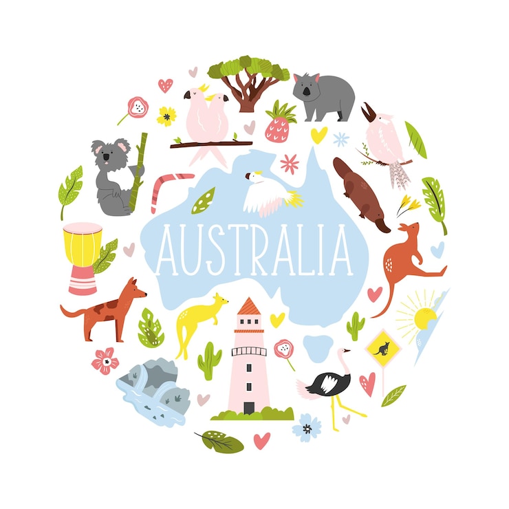 Vector tourist poster with famous symbols and animals of australia explore australia concept image
