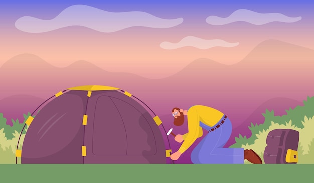 観光客は屋外でハイキングするためのテントのコンセプトを立てる側面図カラー漫画フラットベクトル
