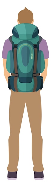 Vector tourist rear view hiking man with backpack