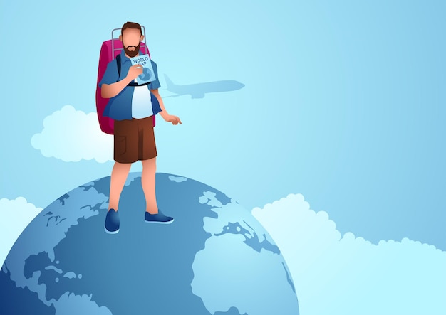 Vector tourist standing on globe and holding a map