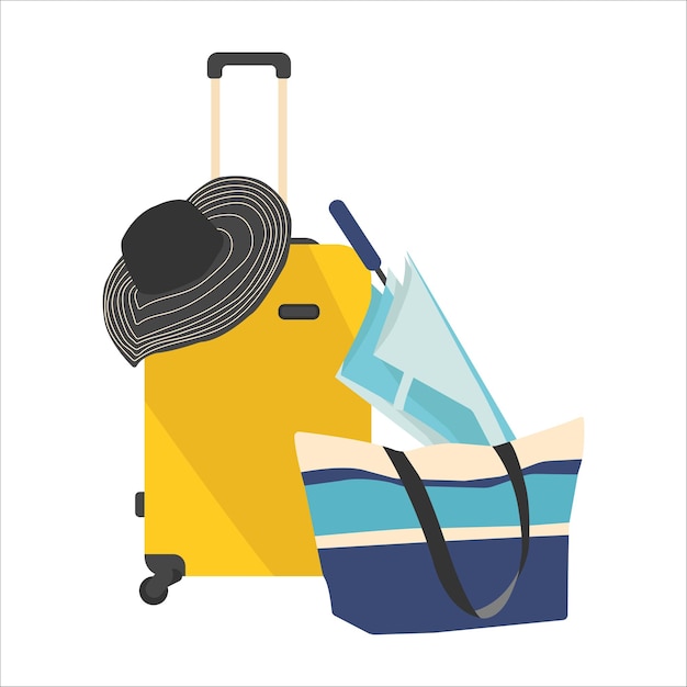 Vector tourist suitcase umbrella bag and hat vacation flat illustration