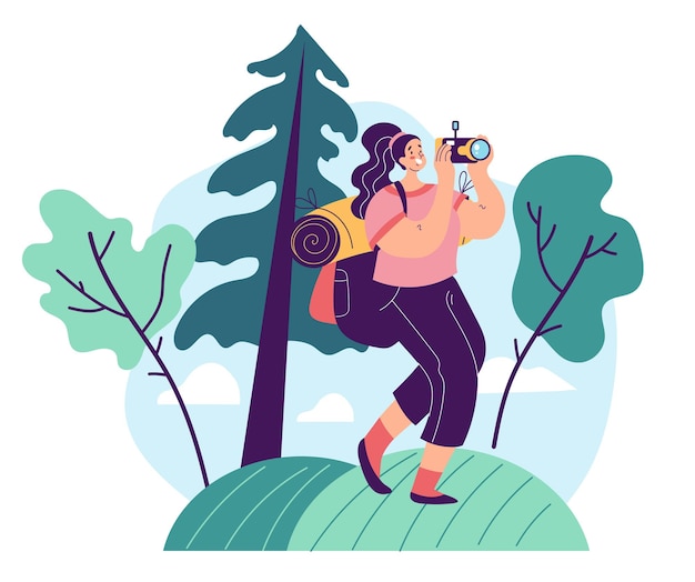 Tourist taking photo picture of nature forest concept Vector graphic design element illustration