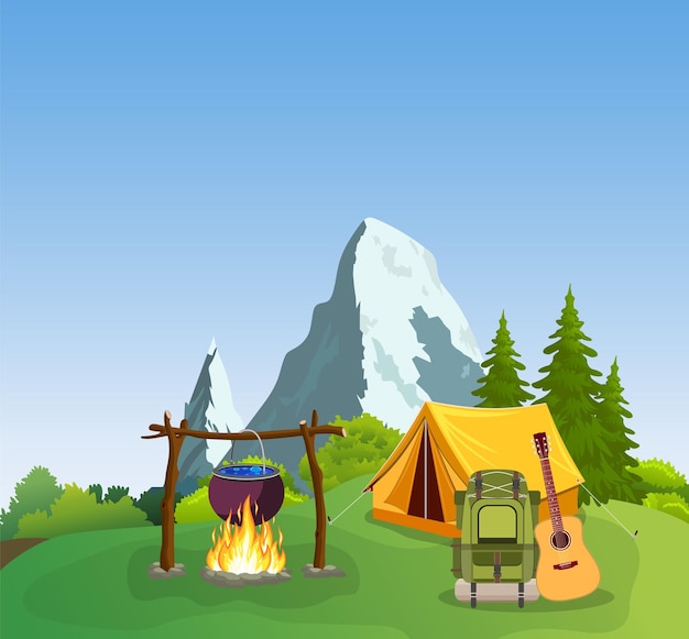 Tourist tent on the background of mountain and wood