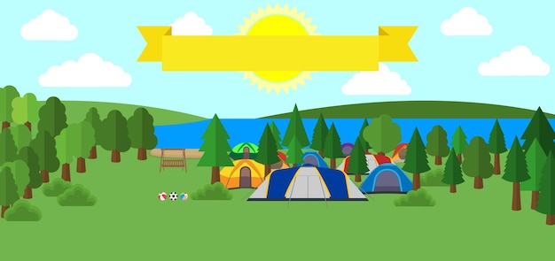 Tourist tent and green meadow on a cloudy sky Summer camping Natural landscape Outdoor activities Vector illustration